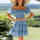 Floral Print Puff, Short Sleeve Pleated Slash Neck Mini Dress, Short Puff Sleeve, Ruched Bust, Elegant Tiered Women's Dress, iBuyXi.com