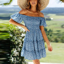 Floral Print Puff, Short Sleeve Pleated Slash Neck Mini Dress, Short Puff Sleeve, Ruched Bust, Elegant Tiered Women's Dress, iBuyXi.com