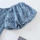 Floral Print Puff, Short Sleeve Pleated Slash Neck Mini Dress, Short Puff Sleeve, Ruched Bust, Elegant Tiered Women's Dress, iBuyXi.com