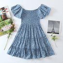 Floral Print Puff, Short Sleeve Pleated Slash Neck Mini Dress, Short Puff Sleeve, Ruched Bust, Elegant Tiered Women's Dress, iBuyXi.com