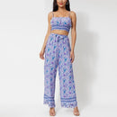  Floral Print Sling Crop, Top Loose Straight, Long Pant Set, Women 2 Piece Summer Long Pants, Set with Pockets, loral Halter Crop Tank Top, Wide Leg Pants Bell Bottoms, iBuyXi.com