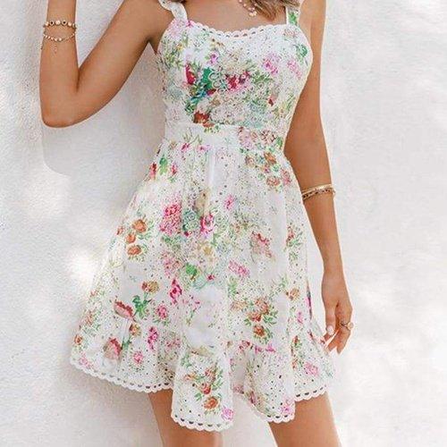 Floral Print A-Line Ruffle Backless Short Dress, iBuyXi.com