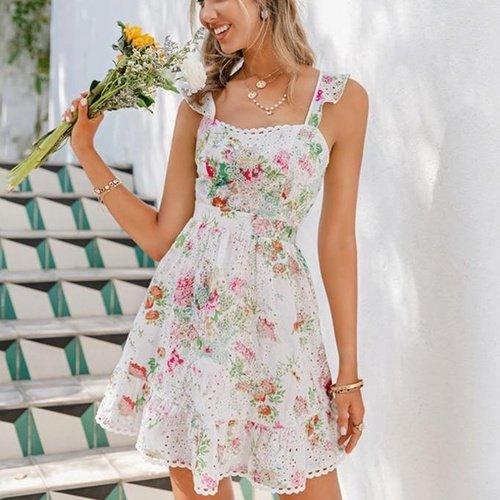 Floral Print A-Line Ruffle Backless Short Dress, iBuyXi.com