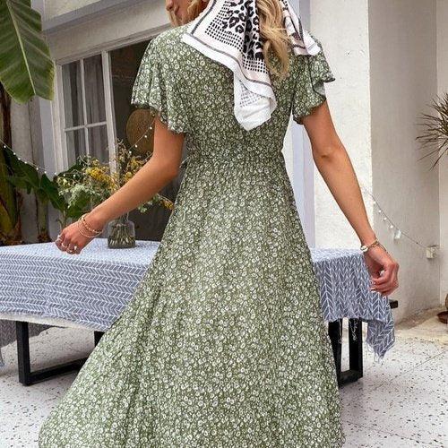 Green V-neck Floral Printed Dress With Lace-up Flared Sleeve And Ideal for Casual Party. - ibuyxi.com