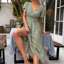 Green V-neck Floral Printed Dress With Lace-up Flared Sleeve And Ideal for Casual Party. - ibuyxi.com