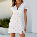 Print V Neck White Dress With Casual Short Sleeve And High Waist A Line Side Slit Party Vestidos For Summer Beach Party, iBuyXi.com