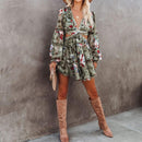 Floral Printed Backless Long Sleeve Ruffle Short Dress, iBuyXi.com, Lace Up Dress, casual party dress