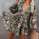 Floral Printed Backless Long Sleeve Ruffle Short Dress, iBuyXi.com, Lace Up Dress, casual party dress