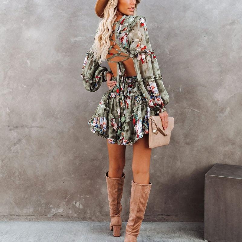 Floral Printed Backless Long Sleeve Ruffle Short Dress, iBuyXi.com, Lace Up Dress, casual party dress