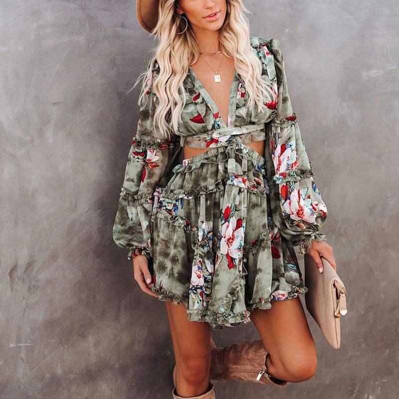 Floral Printed Backless Long Sleeve Ruffle Short Dress