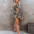 Floral Printed Backless Long Sleeve Ruffle Short Dress, iBuyXi.com, Lace Up Dress, casual party dress