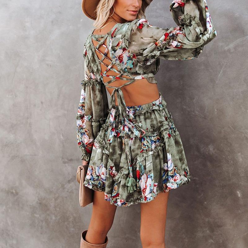 Floral Printed Backless Long Sleeve Ruffle Short Dress, iBuyXi.com, Lace Up Dress, casual party dress
