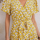 Floral Printed Butterfly Short Sleeve A-Line Maxi Dress,Solid Lace Patchwork Round Neck Short Sleeve Midi Dress, Waist Belt, sleeveless chiffon mini dress, , iBuyXi.com