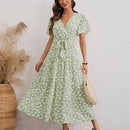 Floral Printed Butterfly Short Sleeve A-Line Maxi Dress,Solid Lace Patchwork Round Neck Short Sleeve Midi Dress, Waist Belt, sleeveless chiffon mini dress, , iBuyXi.com