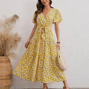 Floral Printed Butterfly Short Sleeve A-Line Maxi Dress,Solid Lace Patchwork Round Neck Short Sleeve Midi Dress, Waist Belt, sleeveless chiffon mini dress, , iBuyXi.com