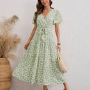 Floral Printed Butterfly Short Sleeve A-Line Maxi Dress,Solid Lace Patchwork Round Neck Short Sleeve Midi Dress, Waist Belt, sleeveless chiffon mini dress, , iBuyXi.com