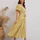 Floral Printed Butterfly Short Sleeve A-Line Maxi Dress,Solid Lace Patchwork Round Neck Short Sleeve Midi Dress, Waist Belt, sleeveless chiffon mini dress, , iBuyXi.com