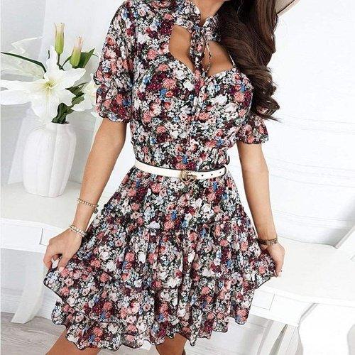 Cascading Ruffles Floral Dress with Printed Pattern and Lace-up Elegant A Line Party Vestidos. iBuyXi.com