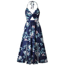 Boho Dress, flower patterned front bow pleated, A-line dress, hollow out high split corset, long dress, hanging neck lace up dress, Floral print dress, pleated waist long dress, Front knot design, Halter neck design,  Summer dress, women clothes, Bohemian Dress, Summer Season, Seasonal Dress, iBuyXi.com - Shop Unique Selection Of Products.