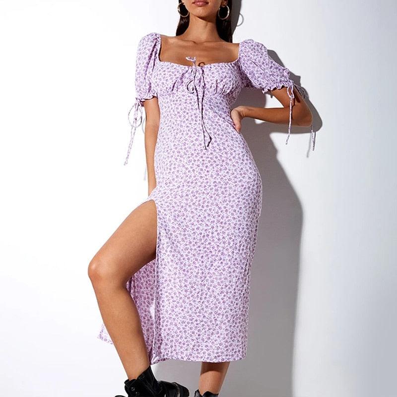 Casual Floral Printed Long Dress With Boho Square Collar Size And Split Purple Tone Perfect For Party Vestidos. - ibuyxi.com