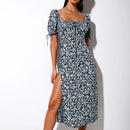 Casual Floral Printed Long Dress With Boho Square Collar Size And Split Purple Tone Perfect For Party Vestidos. - ibuyxi.com