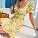 Flounce ruffles floral dress with bubble sleeve backless lace and High waist up and ideal for summer. iBuyXi.com