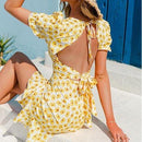 Flounce ruffles floral dress with bubble sleeve backless lace and High waist up and ideal for summer. iBuyXi.com