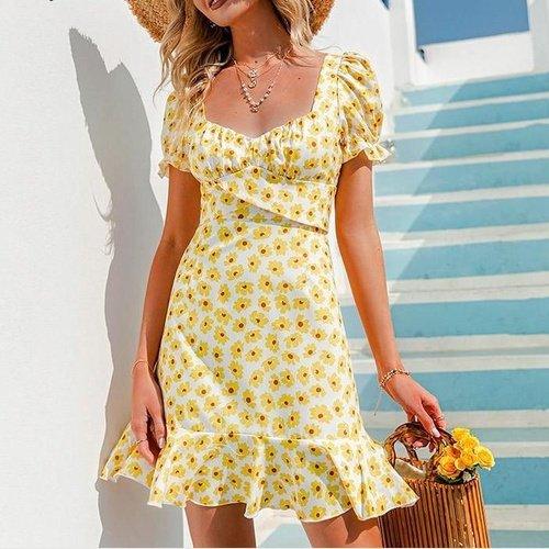 Flounce ruffles floral dress with bubble sleeve backless lace and High waist up and ideal for summer. iBuyXi.com