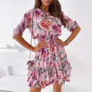 Floral Print Half SleeveDress with Casual A-Line Cascading Ruffle and Mini Dress Waist Elastic Vestidos. iBuyXi.com