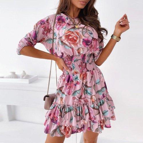 Floral Print Half SleeveDress with Casual A-Line Cascading Ruffle and Mini Dress Waist Elastic Vestidos. iBuyXi.com