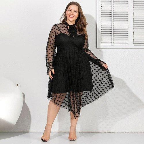 Enliva Plus Size Black Polka Dot Mesh Lantern Sleeve A-Line Dress Wedding Guest Party Semi Formal Contrast Stand Collar Flared Hem Regular F,4XL Enliva Plus Size Black Polka Dot Mesh Lantern Sleeve A-Line Dress Wedding Guest Party Semi Formal Contrast Stand Collar Flared Hem Regular F,4XL