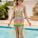 Tassel Crochet Bikini Set with Multicolored Hand Made Halter Hollow Out, Backless Dress Cover Up for Swimming And Beach. iBuyXi.com