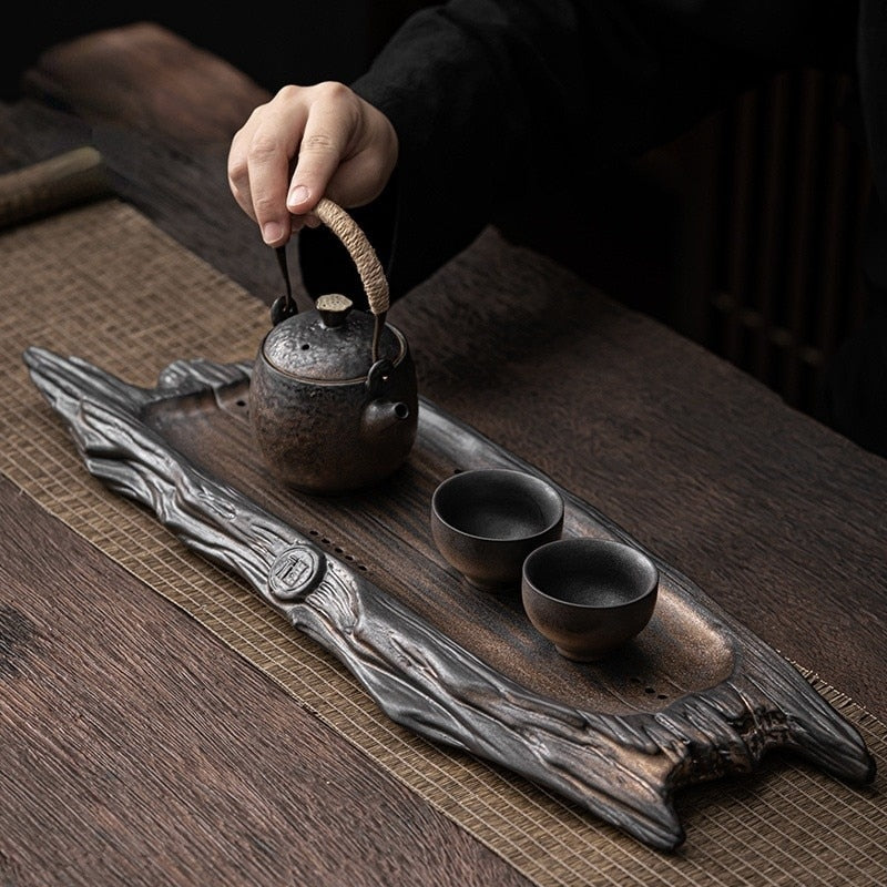 Retro Ceramic Tea Tray with Wood Effect