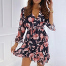 Ruffle Chiffon Floral Printed V-Neck A-Line Mini Dress, iBuyXi.com, Unique Sundresses, Cute Rompers, Unique Chiffon Dresses