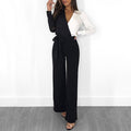Black-White Patchwork V-Neck Long Sleeve Tie-Up Jumpsuit