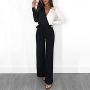 Black-White Patchwork V-Neck Long Sleeve Tie-Up Jumpsuit