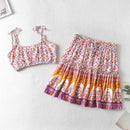 Floral Print Bow Tie, Camis Crop Top Ruffles, High Waist Mini Skirt Set, Women's Two Piece Set, Floral Knot and Ruched Back, Off-the-Shoulder Crop Top and Skirt, iBuyXi.com