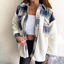 Patchwork Plaid Teddy Coat, Women Fuzzy Sherpa Fleece Warm Jacket Button Collar Long Sleeve Sweatshirt Plaid Plush Patchwork Shirt Outwear Tops Coat with Pockets Fall Winter Clothes, iBuyXi.com, Online shopping store, women clothing, stylish women jacket, casual coat for women, gift idea for girlfriend
