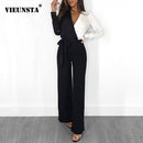 Black-White Patchwork V-Neck Long Sleeve Tie-Up Jumpsuit