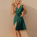 Casual sleeveless solid A-line midi dress with V-neck button sash bow dress Ideal summer Season, iBuyXi.com