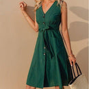 Casual sleeveless solid A-line midi dress with V-neck button sash bow dress Ideal summer Season, iBuyXi.com