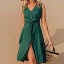 Casual sleeveless solid A-line midi dress with V-neck button sash bow dress Ideal summer Season, iBuyXi.com