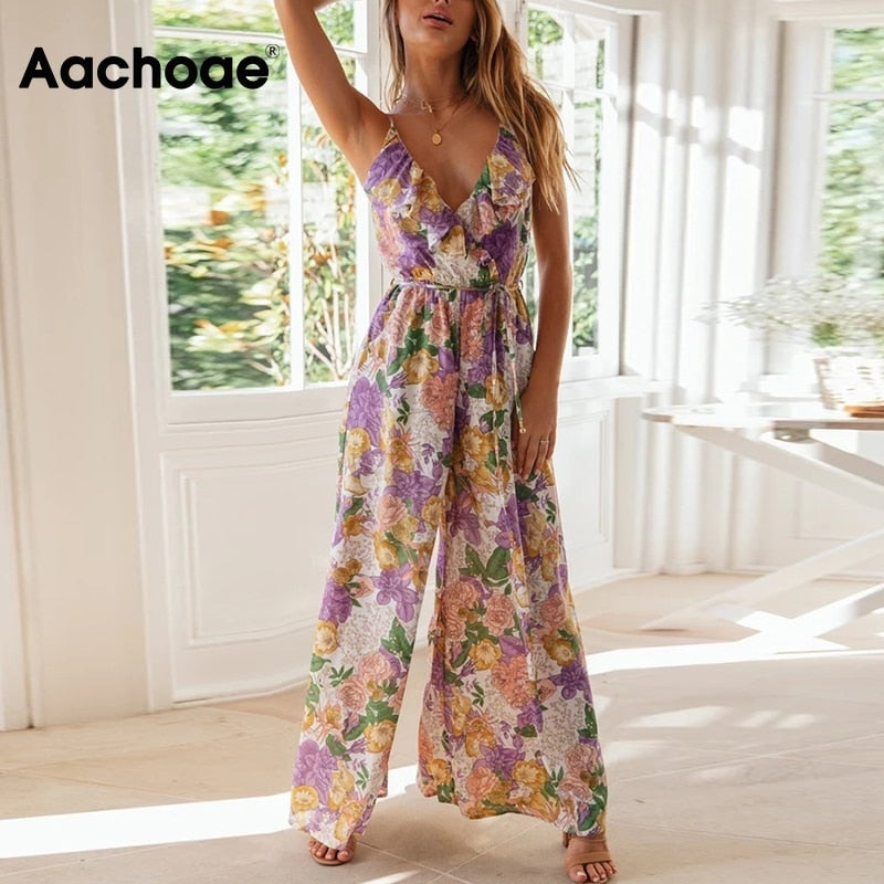 Boho V-Neck Floral Print Sleeveless Backless Ruffle Jumpsuits
