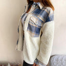 Patchwork Plaid Teddy Coat, Women Fuzzy Sherpa Fleece Warm Jacket Button Collar Long Sleeve Sweatshirt Plaid Plush Patchwork Shirt Outwear Tops Coat with Pockets Fall Winter Clothes, iBuyXi.com, Online shopping store, women clothing, stylish women jacket, casual coat for women, gift idea for girlfriend