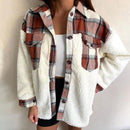 Patchwork Plaid Teddy Coat, Women Fuzzy Sherpa Fleece Warm Jacket Button Collar Long Sleeve Sweatshirt Plaid Plush Patchwork Shirt Outwear Tops Coat with Pockets Fall Winter Clothes, iBuyXi.com, Online shopping store, women clothing, stylish women jacket, casual coat for women, gift idea for girlfriend
