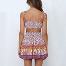 Floral Print Bow Tie, Camis Crop Top Ruffles, High Waist Mini Skirt Set, Women's Two Piece Set, Floral Knot and Ruched Back, Off-the-Shoulder Crop Top and Skirt, iBuyXi.com