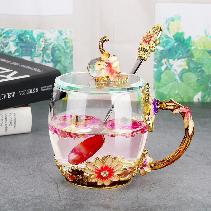Red Rose Enamel Crystal Mug Elegant Gift