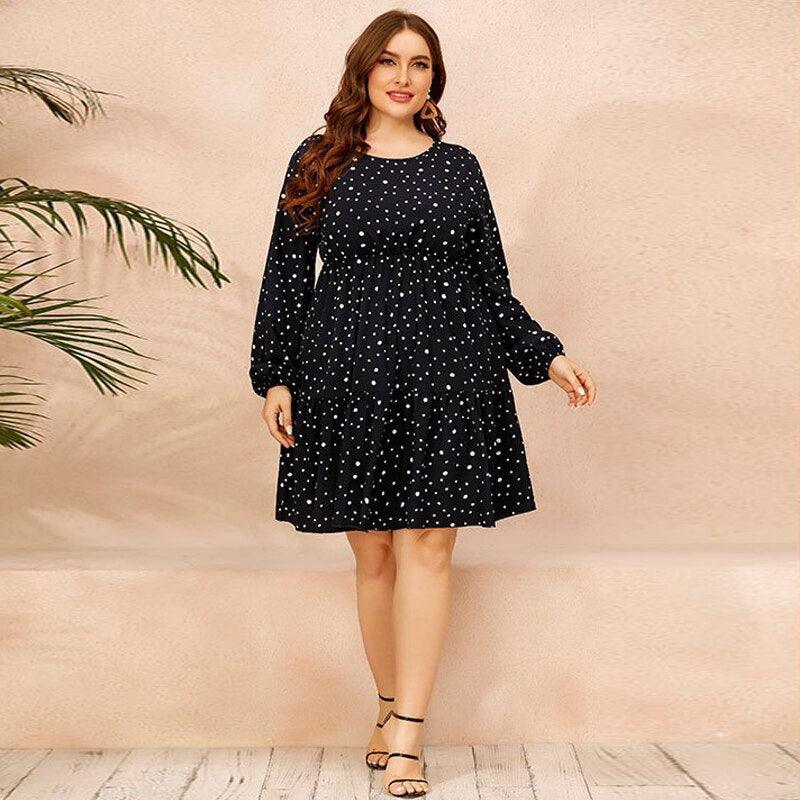 Plus Size Long Sleeve O-Neck Dot Printed High Waist Casual Mini Dress XXL