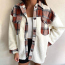 Patchwork Plaid Teddy Coat, Women Fuzzy Sherpa Fleece Warm Jacket Button Collar Long Sleeve Sweatshirt Plaid Plush Patchwork Shirt Outwear Tops Coat with Pockets Fall Winter Clothes, iBuyXi.com, Online shopping store, women clothing, stylish women jacket, casual coat for women, gift idea for girlfriend