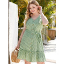 Plus Size V-Neck Sleeveless Polka Dot Printed ,Buttons Belt Ruffle Mini Dress, Sleeveless Frock, Waist Belt, sleeveless chiffon mini dress, , iBuyXi.com